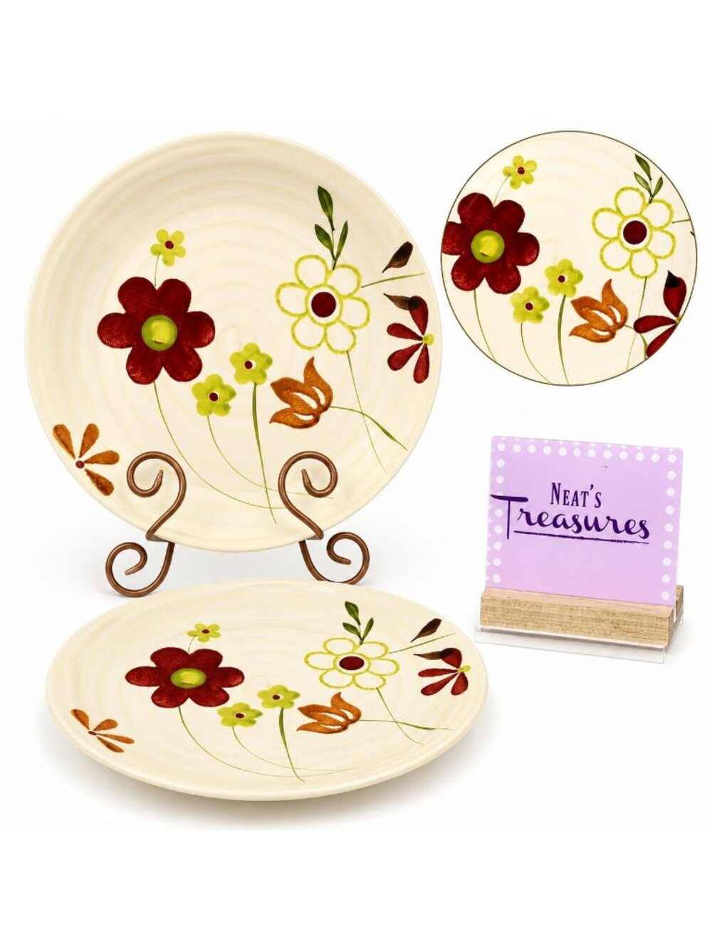 Gibson GID438 Retro 70's Floral Muticolored Ceramic Beige Dinner Plates Set of 2